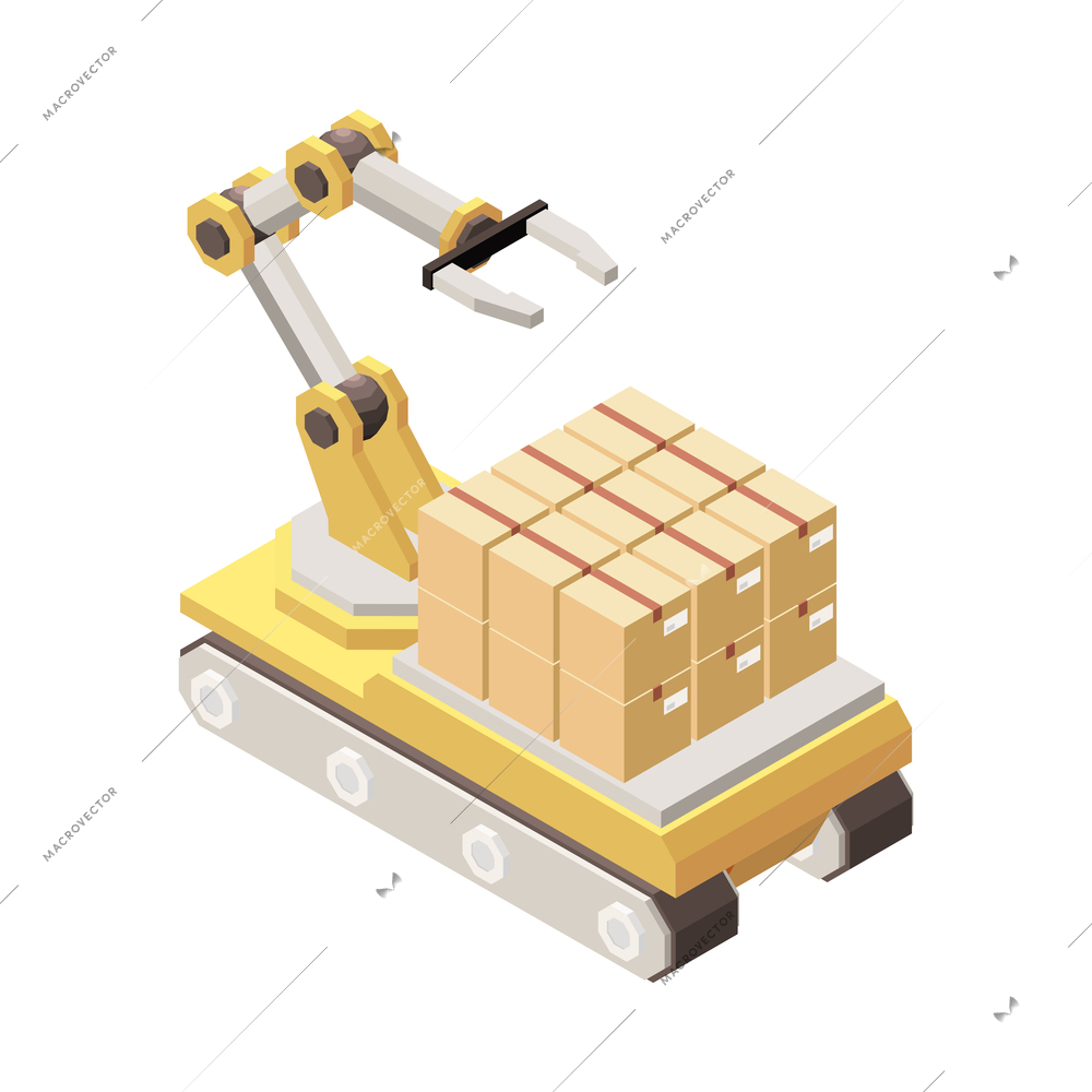 Isometric modern warehouse equipment with robotic arm for transporting goods 3d vector illustration