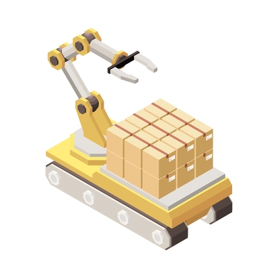 Isometric modern warehouse equipment with robotic arm for transporting goods 3d vector illustration