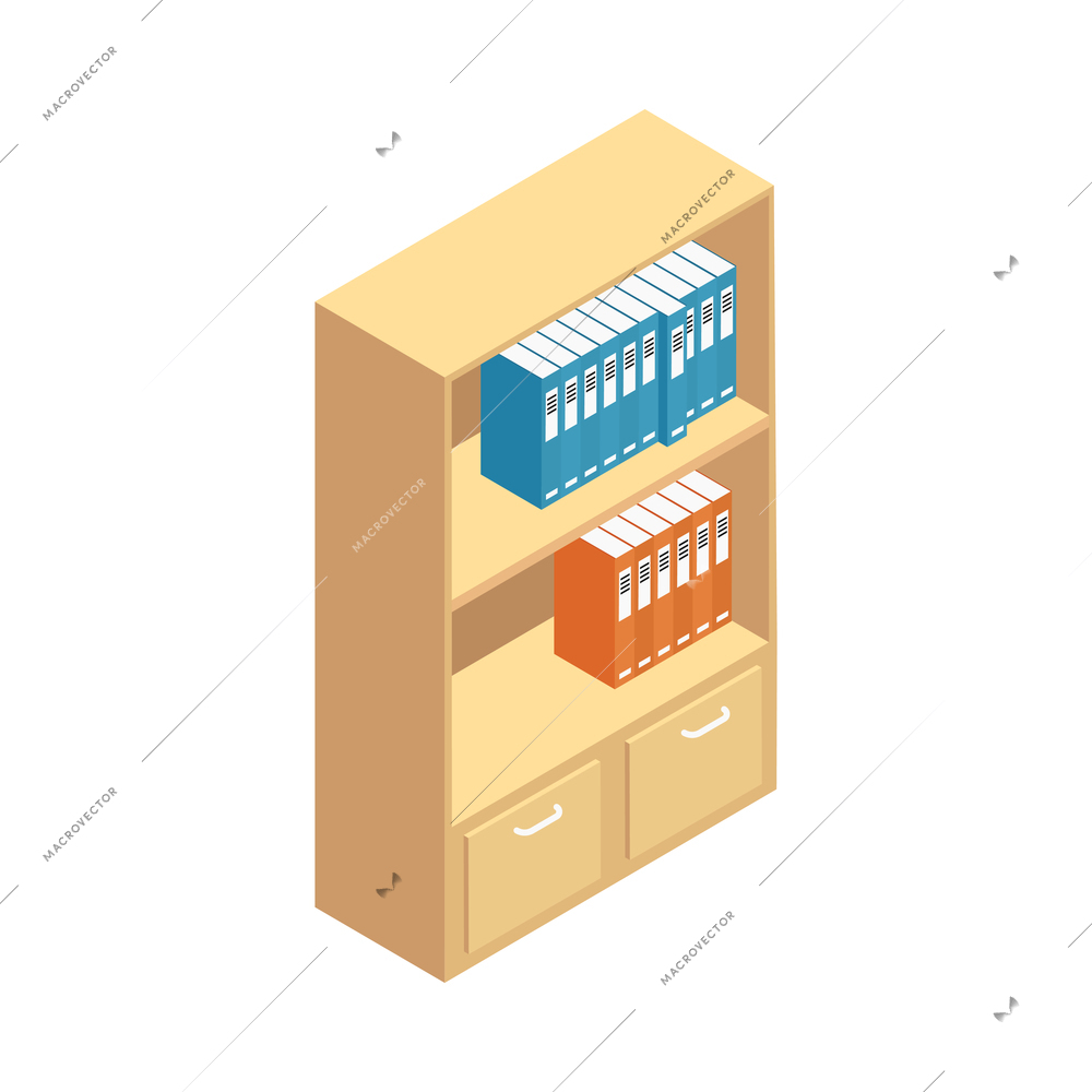 Isometric wooden office rack with rows of colorful binders on shelves 3d vector illustration