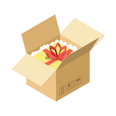 Gift with red ribbon in cardboard delivering box 3d isometric vector illustration
