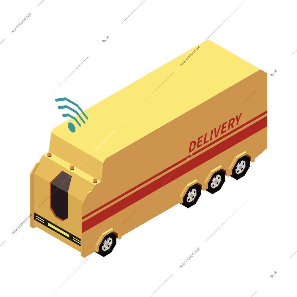 Isometric remote controlled yellow delivery truck 3d vector illustration