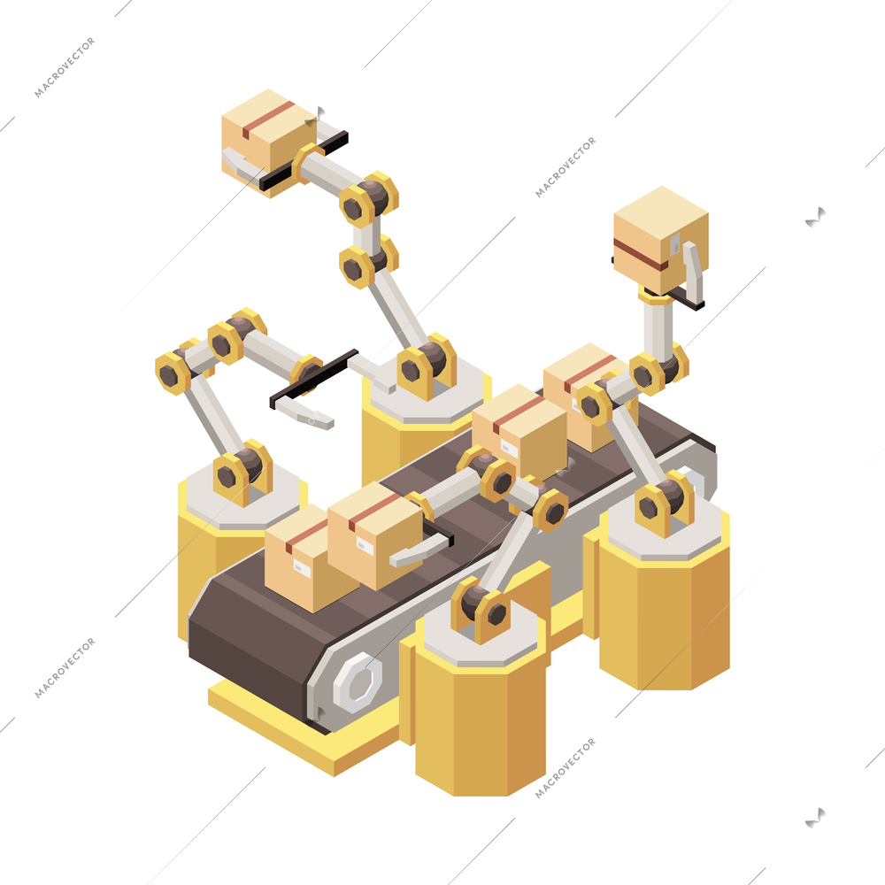 Isometric modern warehouse conveyor line with robotic arms and cardboard boxes 3d vector illustration