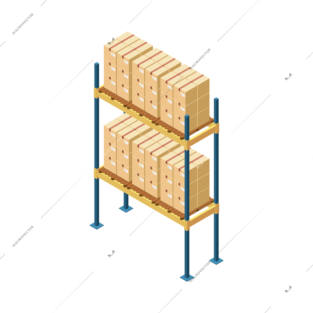 Metal rack with stacks of cardboard boxes in warehouse 3d isometric vector illustration