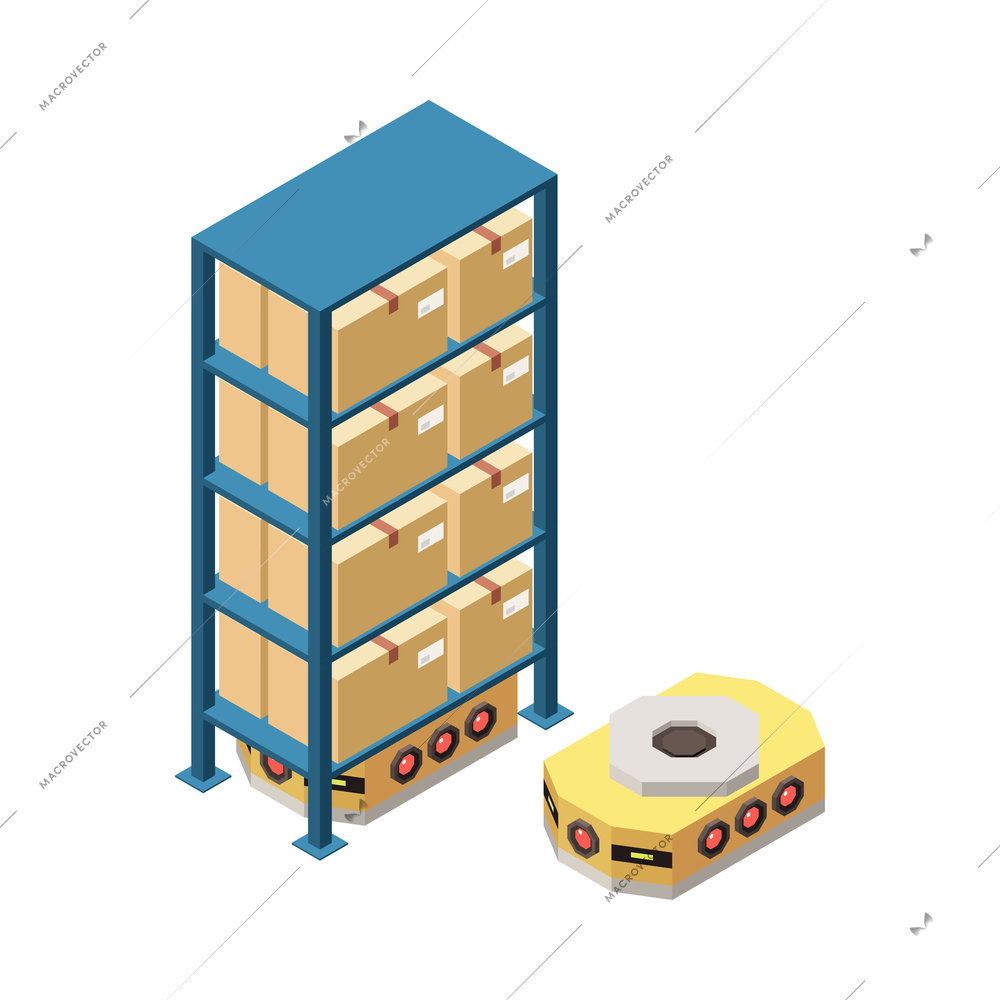 Metal rack with cardboard boxes and warehouse equipment 3d isometric vector illustration