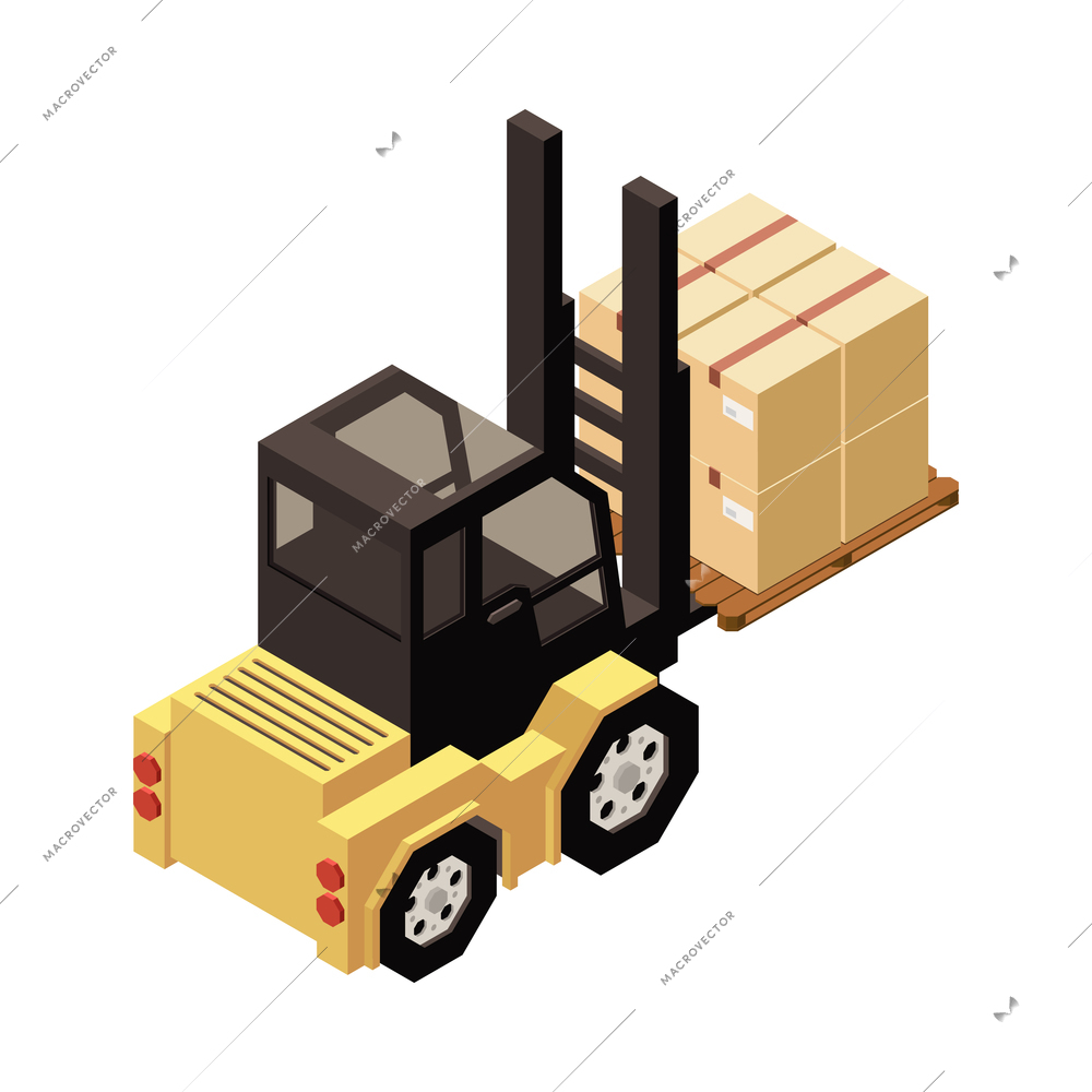 Isometric warehouse forklift carrying cardboard boxes 3d vector illustration