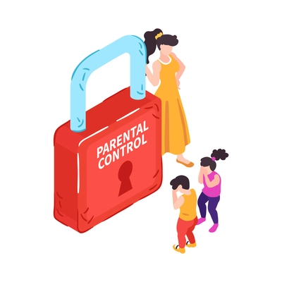 Parental control concept with crying children mum and big red lock 3d isometric vector illustration