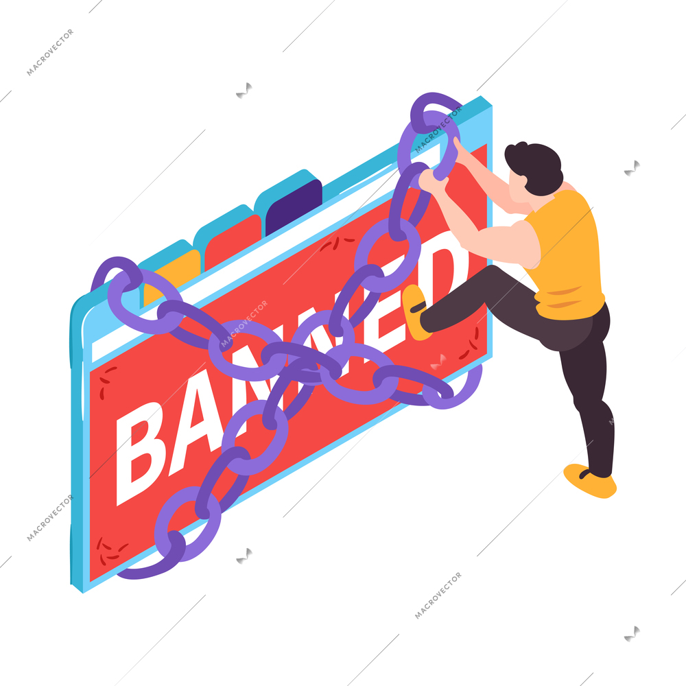 Isometric banned website concept with human character trying to break chain 3d vector illustration