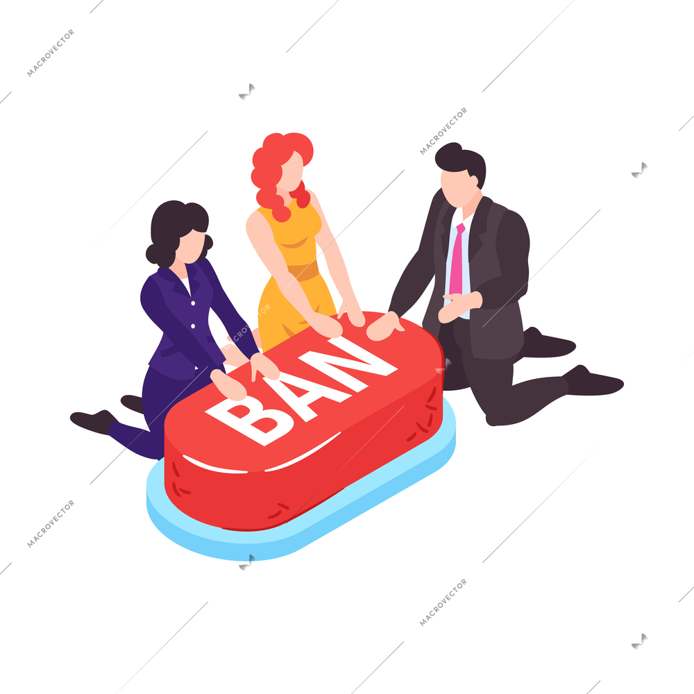 Isometric banned website concept with internet users around red ban button 3d vector illustration