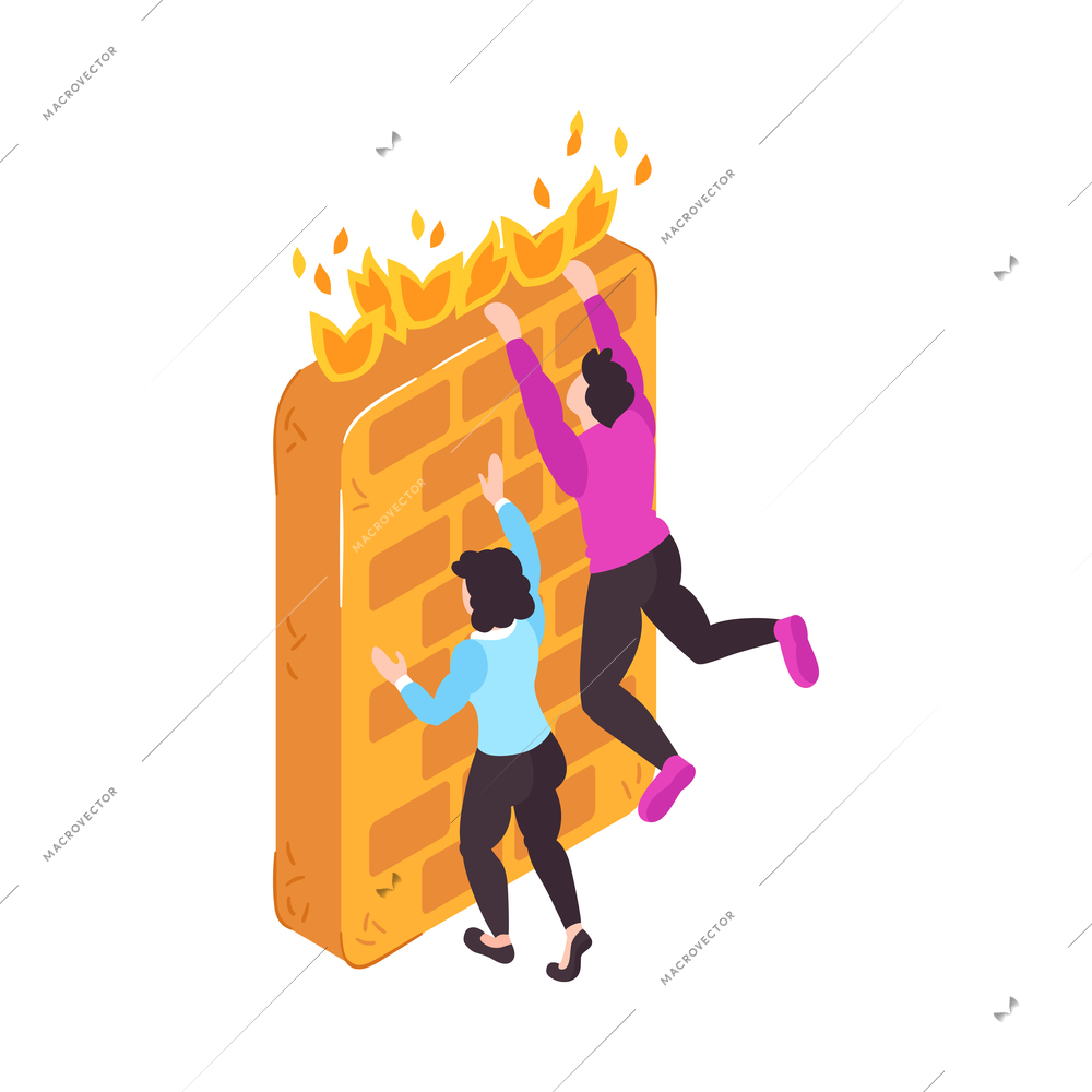 Isometric banned website concept icon with two characters trying to climb firewall 3d vector illustration