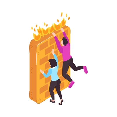 Isometric banned website concept icon with two characters trying to climb firewall 3d vector illustration