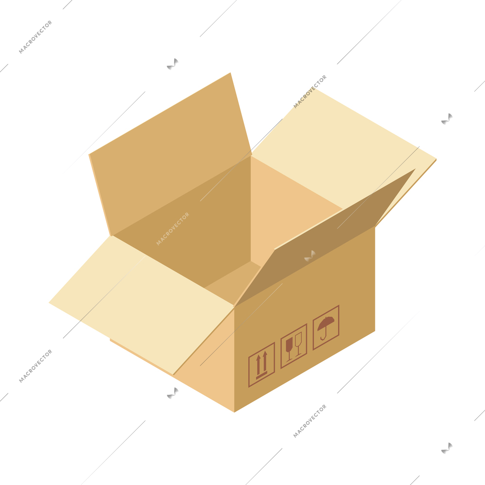 Isometric empty opened cardboard box for delivering goods 3d vector illustration