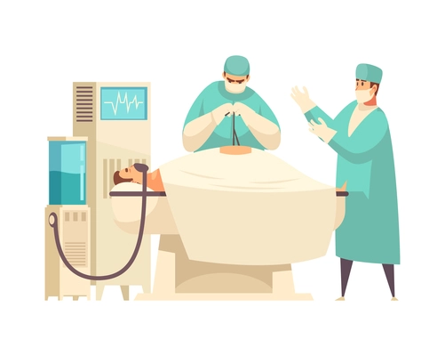 Two surgeons performing surgical operation on patients body flat vector illustration