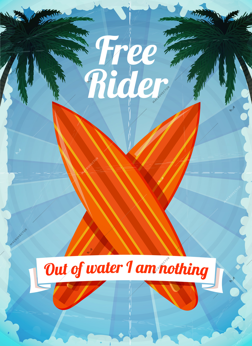 Free rider - ocean vacation surfboards poster vector illustration