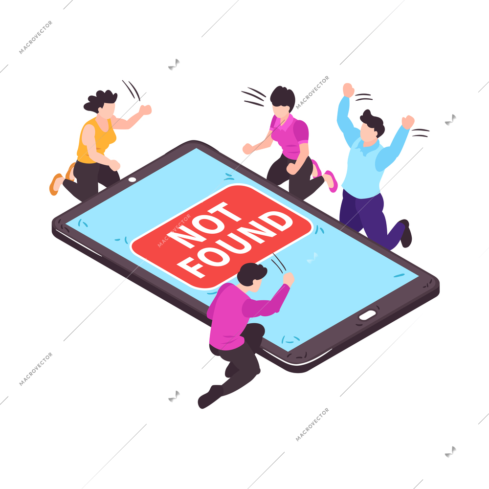 Isometric banned website concept with worried people looking at not found page on smartphone 3d vector illustration