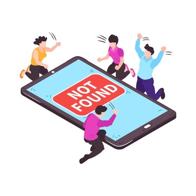 Isometric banned website concept with worried people looking at not found page on smartphone 3d vector illustration