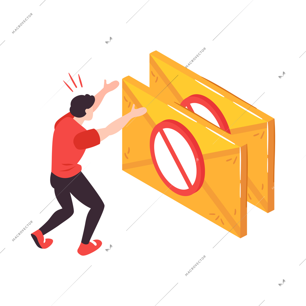 Isometric blocked ip address concept with worried human character and prohibition sign on email 3d vector illustration