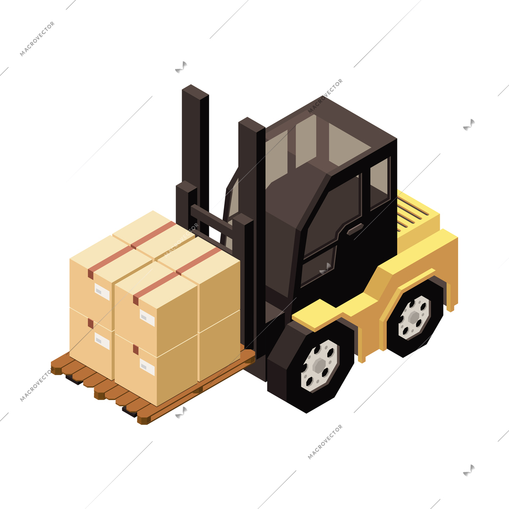 Warehouse forklift with cardboard boxes 3d isometric vector illustration