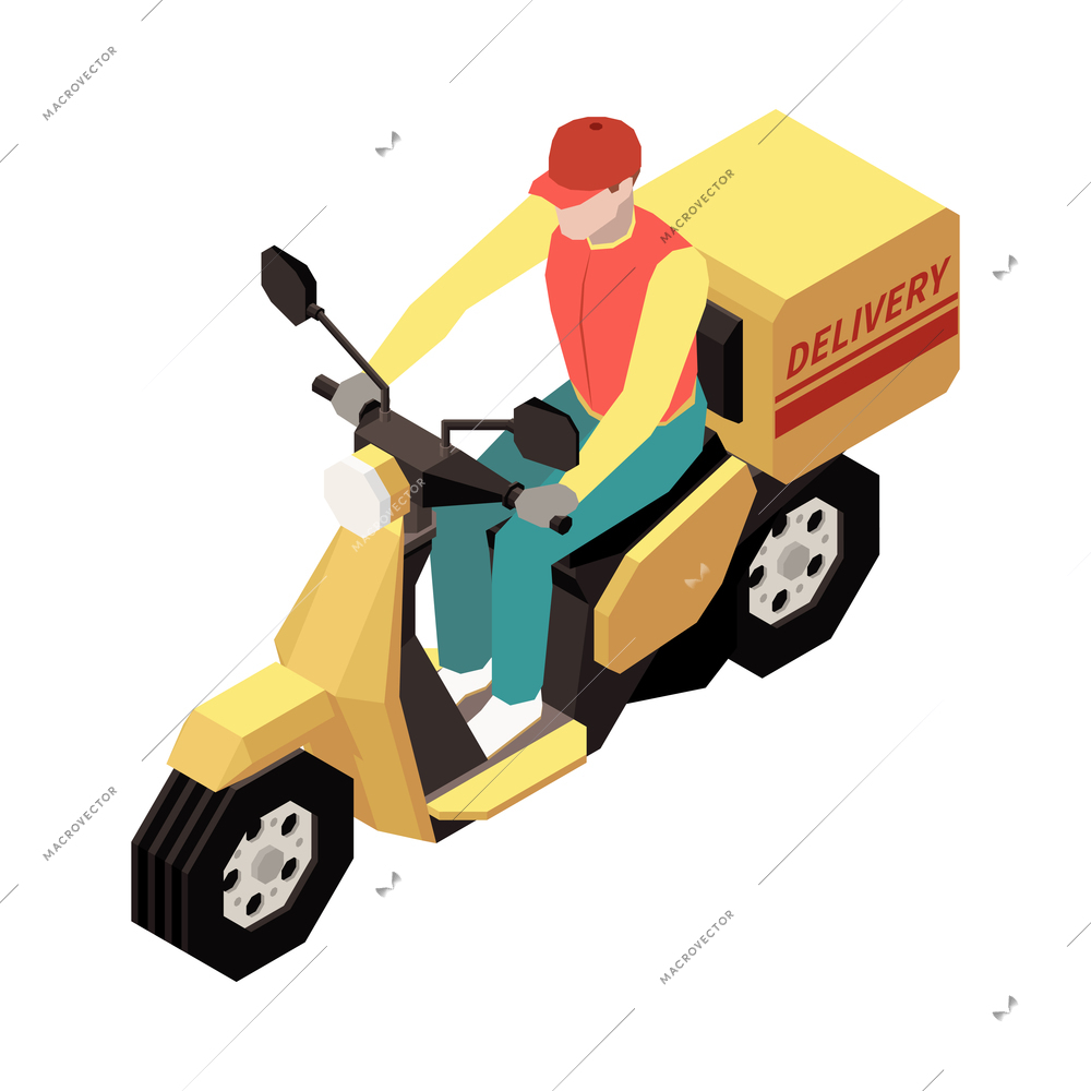 Delivery man riding scooter on white background 3d isometric vector illustration