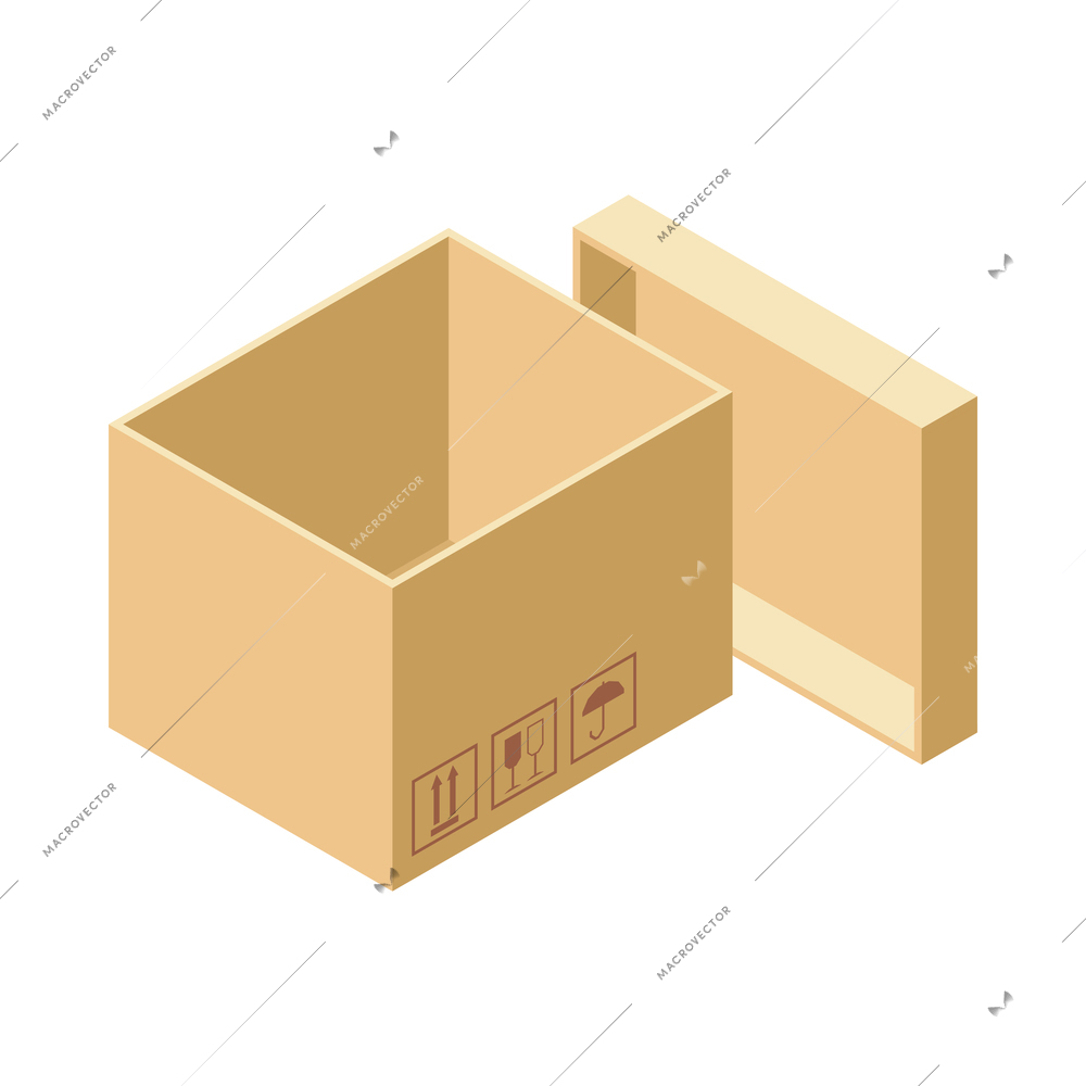 Empty open cardboard box on white background 3d isometric vector illustration