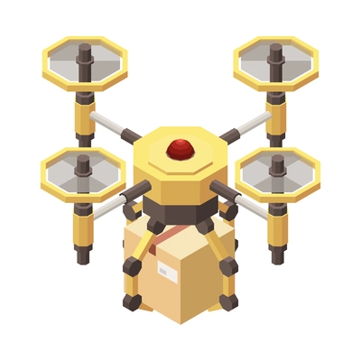 Isometric flying delivery drone carrying parcel in cardboard box 3d vector illustration