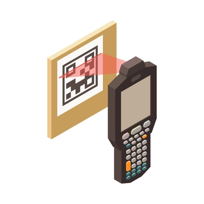 Scanning qr code on cardboard box or parcel 3d isometric vector illustration