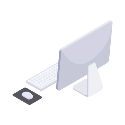 Isometric modern computer monitor with keyabord and mouse back view 3d vector illustration
