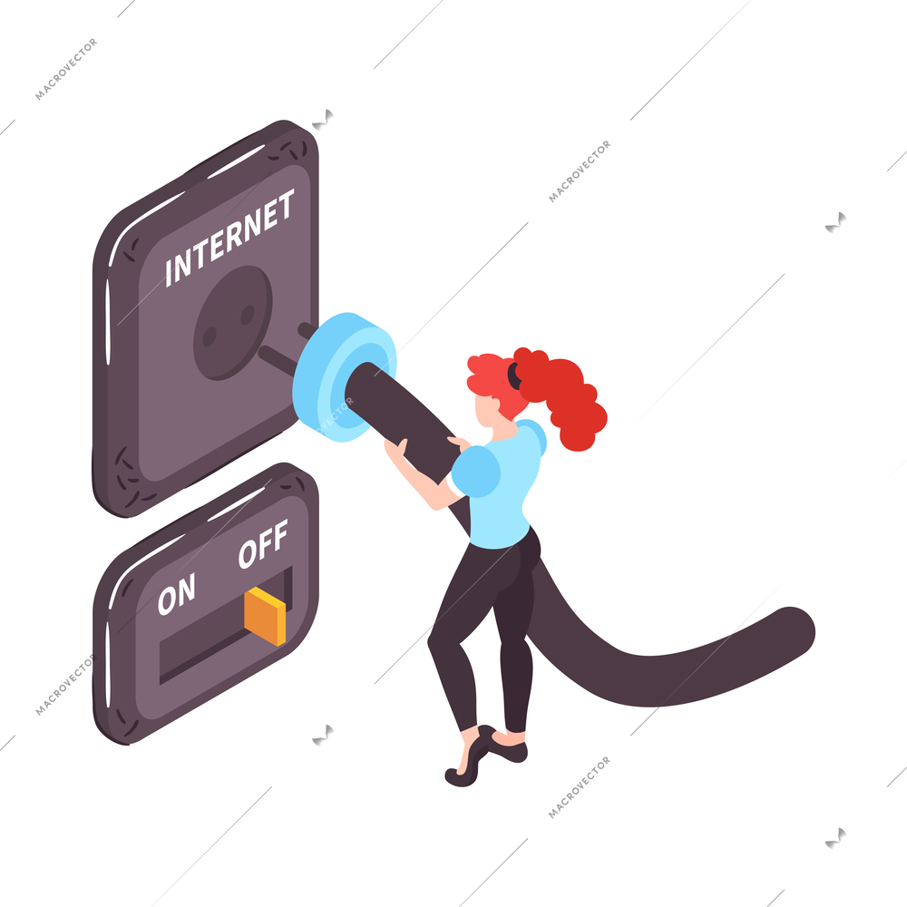 Internet blocking isometric concept with female character unplugging cable 3d vector illustration