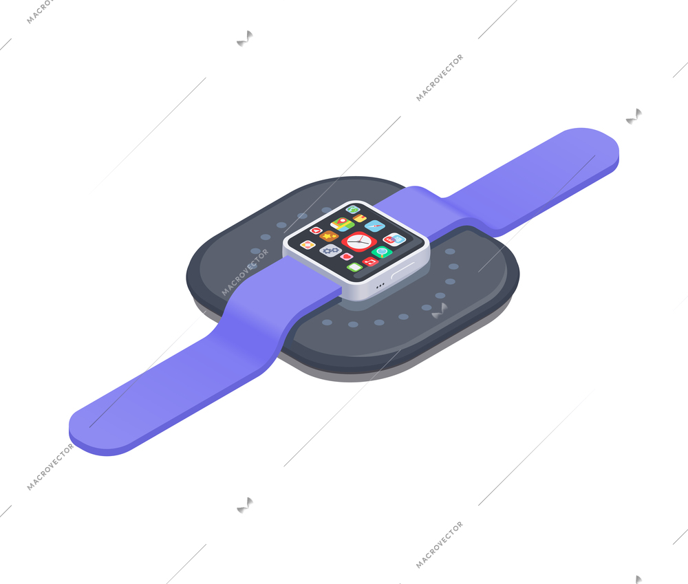 Isometric smartwatch charging with modern wireless charger 3d vector illustration