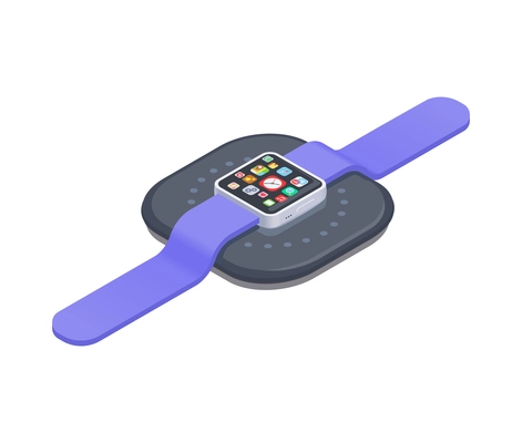 Isometric smartwatch charging with modern wireless charger 3d vector illustration