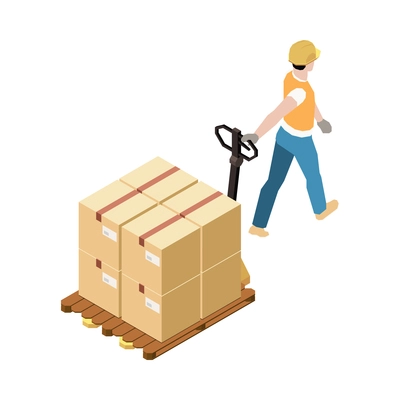 Warehouse worker carrying hand pallet truck with cardboard boxes 3d isometric vector illustration