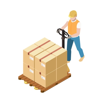 Faceless character of warehouse worker carrying cardboard boxes on wooden hand pallet truck 3d isometric vector illustration