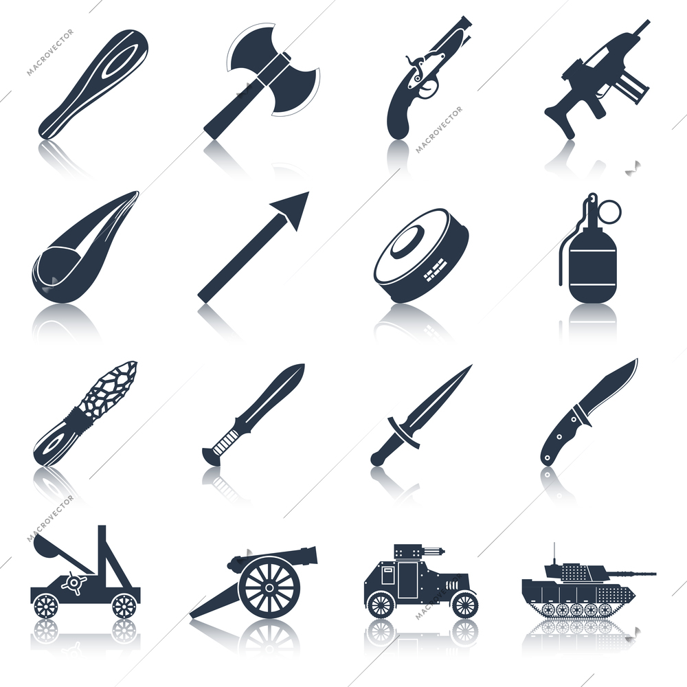 Weapon icons black set  with military war and police armament isolated vector illustration