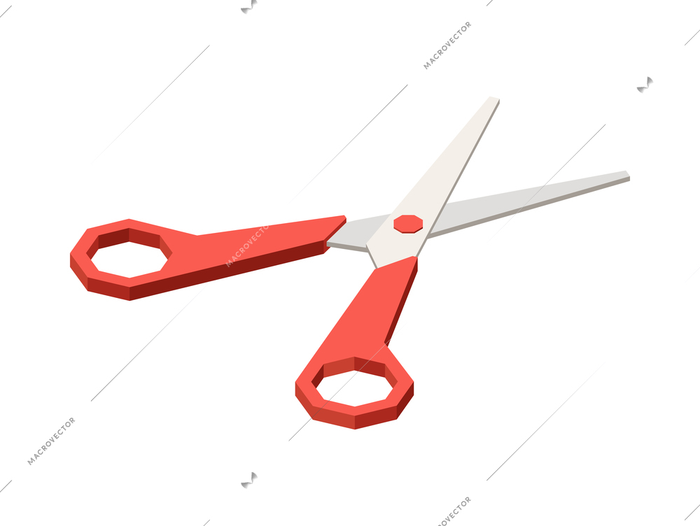 Isometric red scissors on white background 3d vector illustration