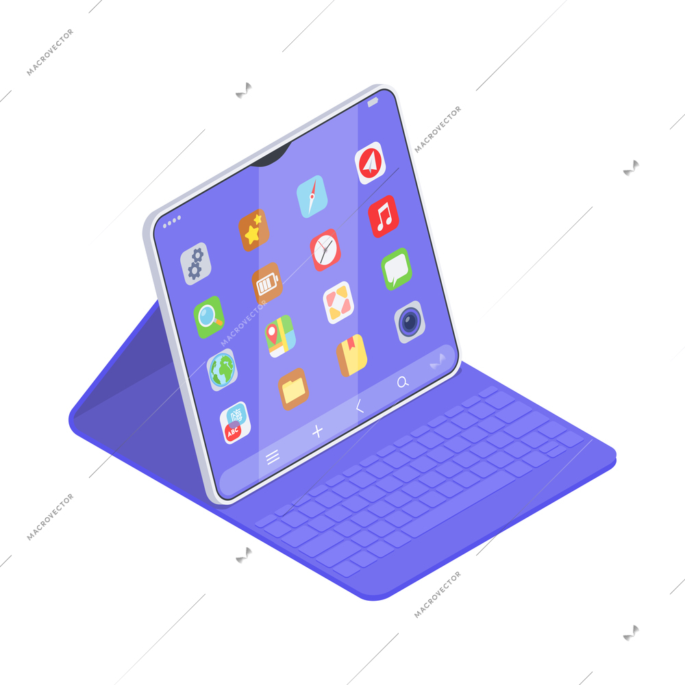 Modern tablet with wireless keyboard 3d isometric vector illustration