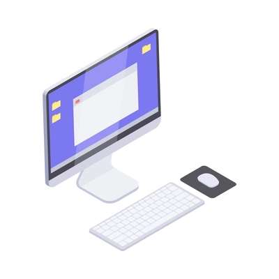 Modern computer monitor wireless keyboard and mouse 3d isometric vector illustration