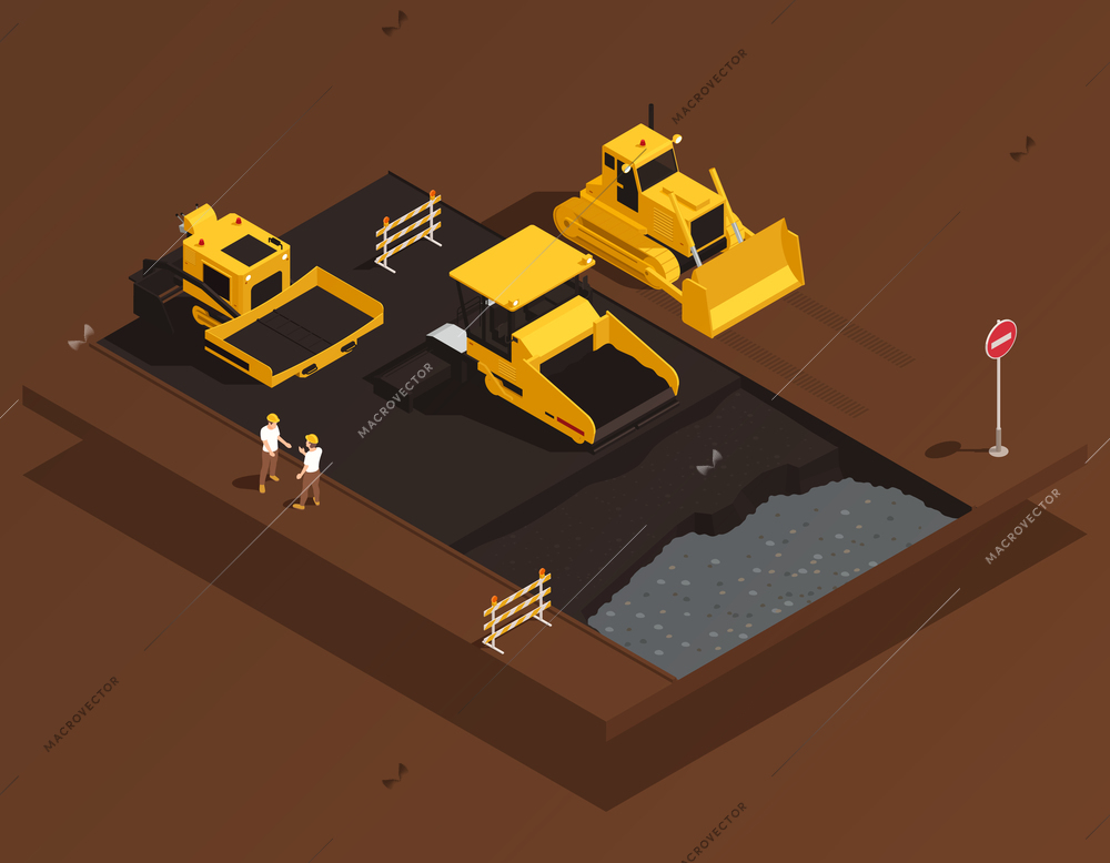 Road construction isometric composition with view of roadway platform with asphalt spreading machinery bulldozer and people vector illustration