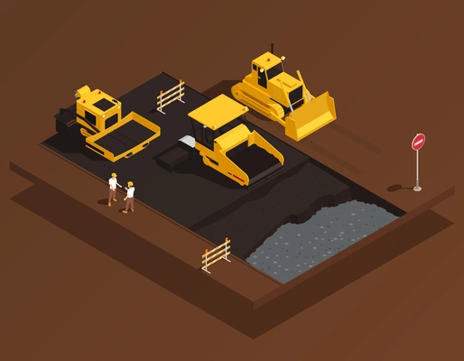 Road construction isometric composition with view of roadway platform with asphalt spreading machinery bulldozer and people vector illustration