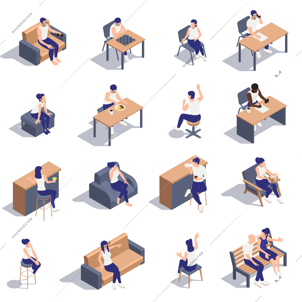 Sitting people isometric set with isolated icons human characters and images of hard and soft furniture vector illustration