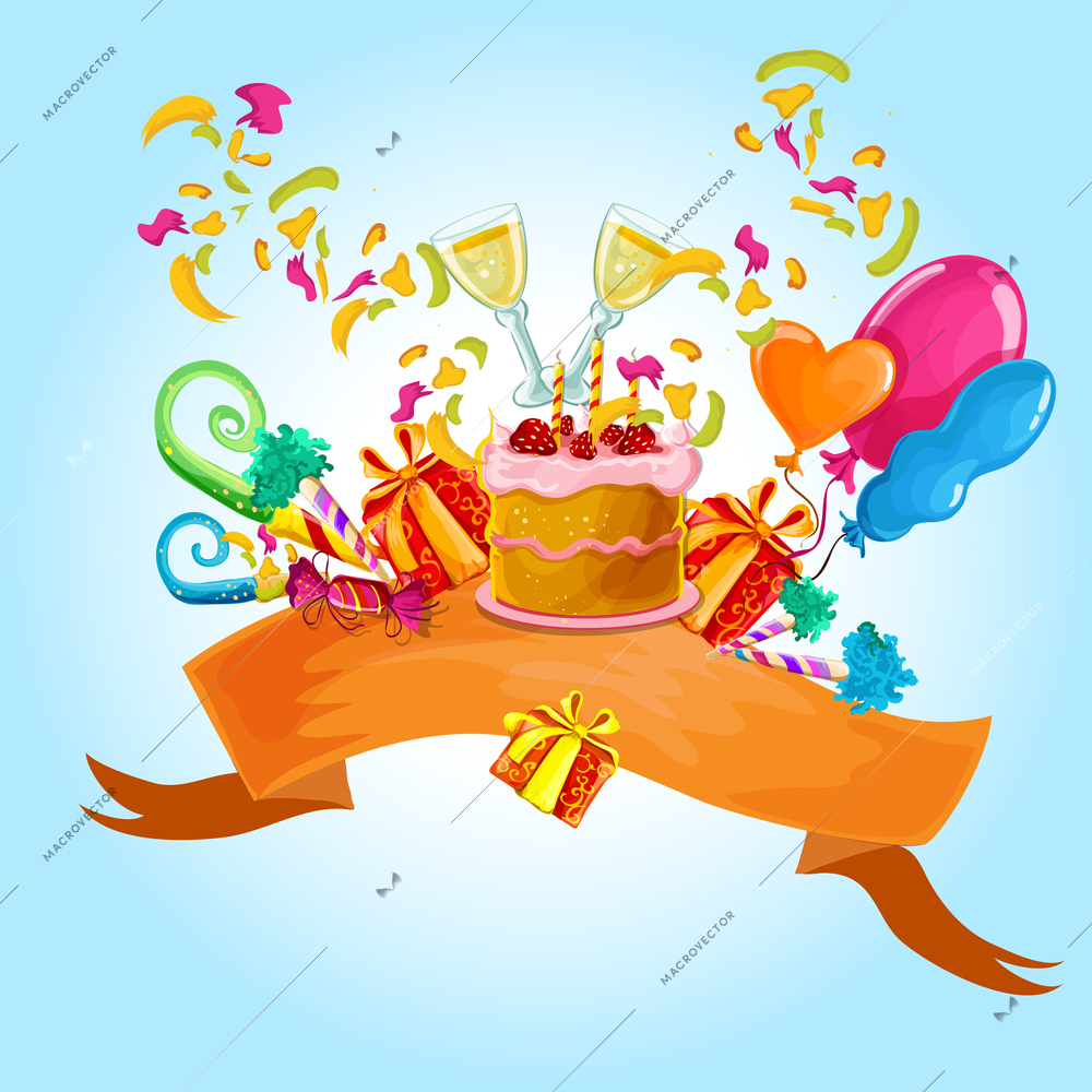 Celebration colored background with champaign glasses birthday cake vector illustration