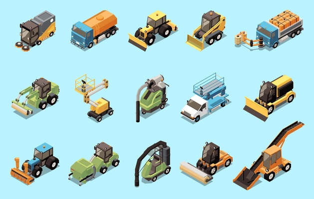 City roadways cleaning transportation infrastructure maintenance snow remover leaves vacuuming machinery streets sweeper washer isometric set vector illustration