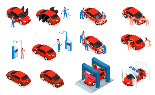 Car wash isometric icon set cleaning in the car interior with vacuum cleaner washing cleaning cleaning girls in bikinis and men in uniforms vector illustration