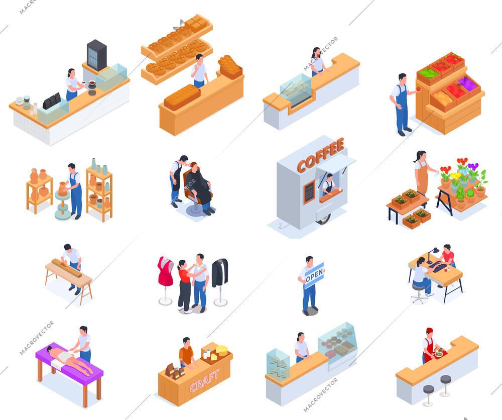 Small business owner family business isometric icon set employees at cafeteria and store counters vector illustration