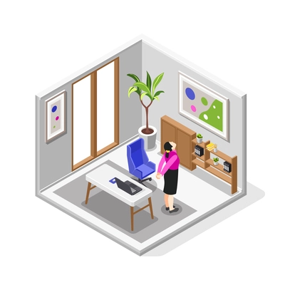 Office stretches isometric composition with woman doing sport exercises for wellbeing during work pause vector illustration