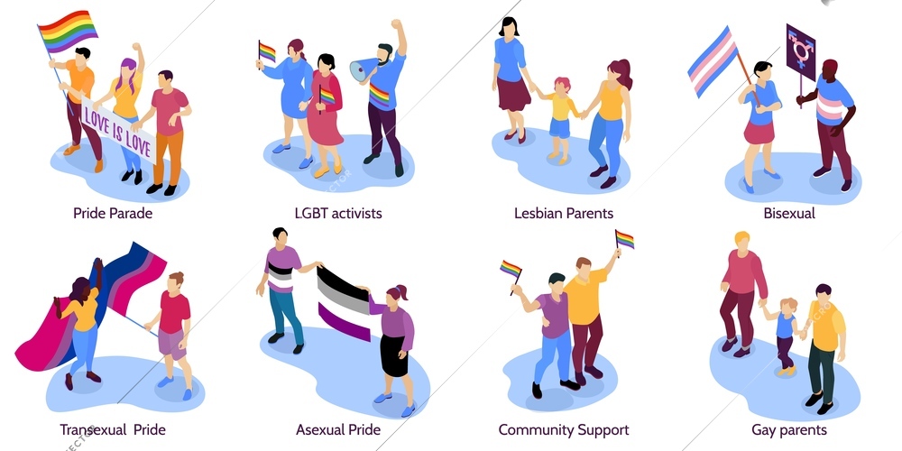 LGBT community activists pride parade gay lesbian parents bisexual couples transgender waving flags isometric concept compositions vector illustration