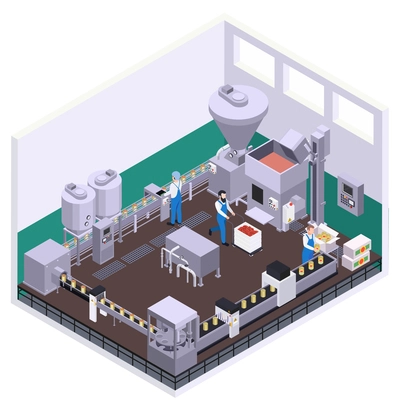 Canned food production isometric composition with indoor scenery moving line and people packing food into cans vector illustration