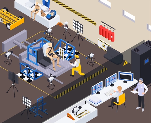 Crash test car safety isometric composition with automobile engineers gathering data from dummy mannequin in chair vector illustration