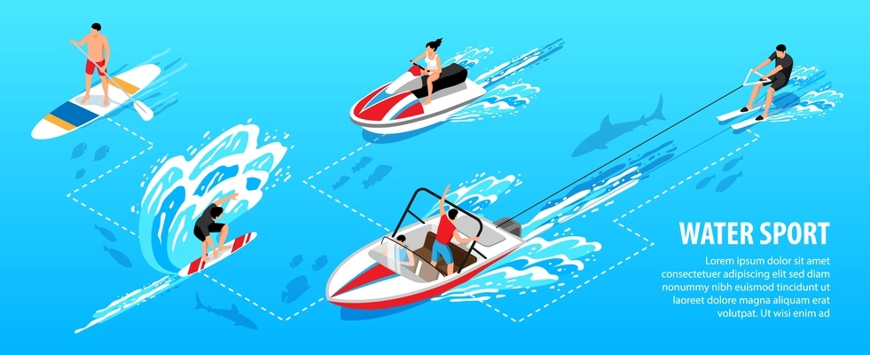 Watersport isometric infographic set with surfing and speed boat symbols vector illustration