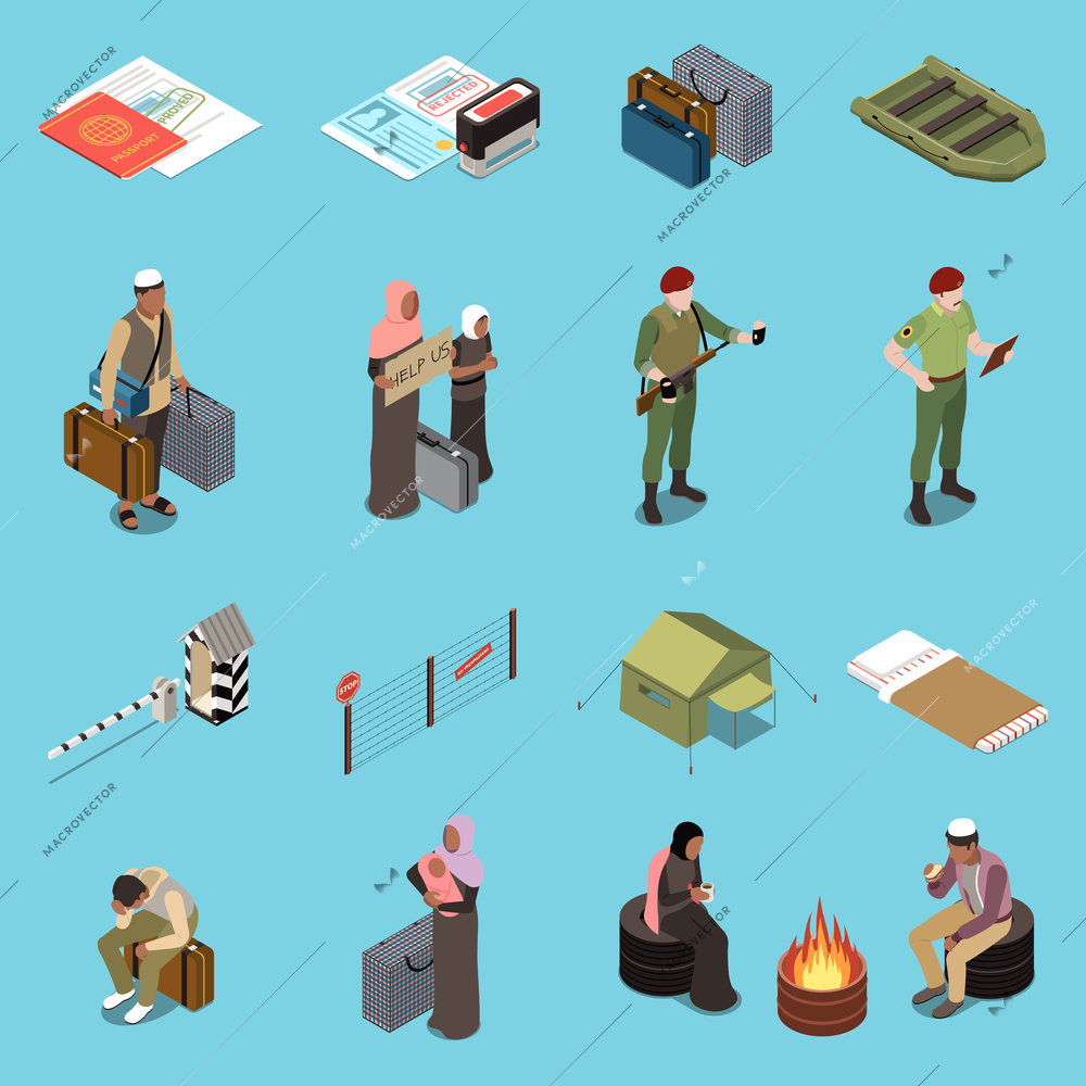 Refugees and immigrants isometric set of people people trying to find shelter from war isolated vector illustration