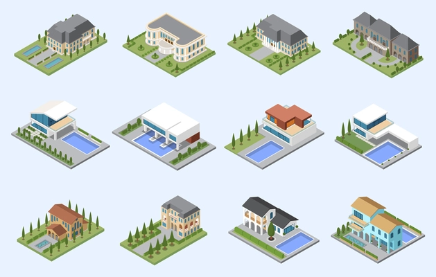 Mansions and villa isometric set of modern houses for living and rest with pools and park zone vector illustration