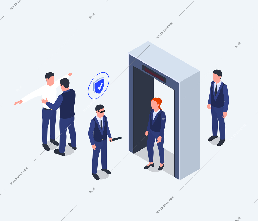 Security service in airport court perform body search and walk through metal detector gates control isometric composition